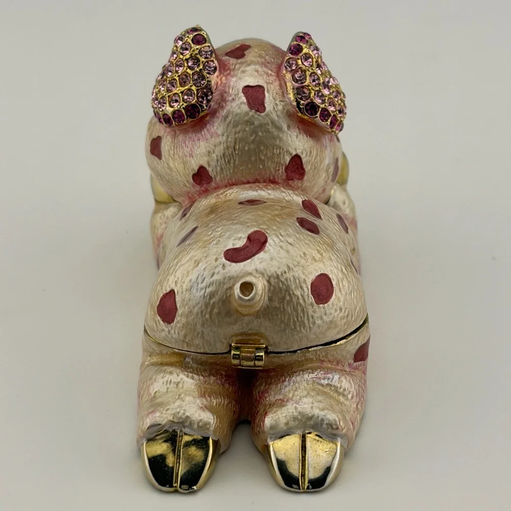 Vintage Gold Pink Enamel Rhinestone Pig Trinket Box - Picture 5 of 7